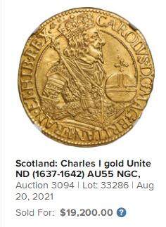 【Blue Auction】✨世界纸币精拍800期盛典——白金之夜🔥🔥🔥 S-【英国货币史上打制币过渡到机制币的产物意义深远】苏格兰 1637-42年查理一世Unite金币 国王神态威严 身着戎装铠甲 手持权杖与王权宝球 币面铸打有力细节清晰 光感十足 NGC AU55低评 这枚金币是法国雕刻师Nicholas Briot精心杰作，采用了加以改良的先进机制工艺在打制币时代独领风骚（21年一枚同分拍了近2万美金，如今金价是当时2倍多了，好品种英国金币也在涨幅中） 