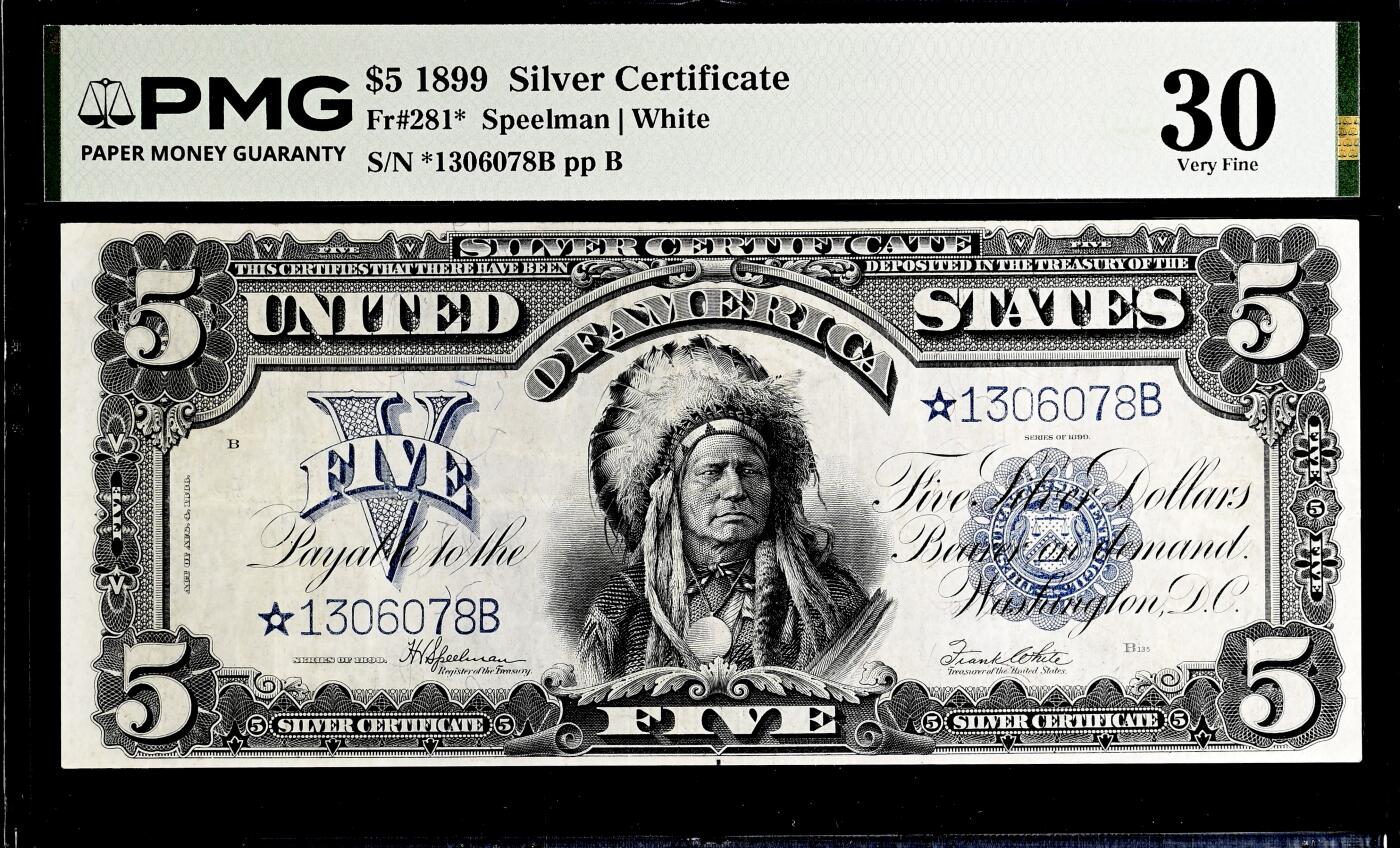 【Blue Auction】✨世界纸币精拍800期盛典——白金之夜🔥🔥🔥   U-【fr.281* 末签补号非常罕见 仅1张更高分】美国 1899年5美金“酋长券”在“最伟大美元纸币”中排名第十（纸币正面印有印第安苏族汉克帕帕部落酋长的肖像，象征美国西部文化。由美国雕版大师 G.F.C.Smilie雕刻，以其细腻的点线技法展现羽毛冠和面部细节，被誉为纸币雕刻的杰作）大票幅 PMG30（该fr20分目录价就3500美金了 30分横线太稀少）