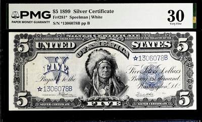 【Blue Auction】✨世界纸币精拍800期盛典——白金之夜🔥🔥🔥 -   U-【fr.281* 末签补号非常罕见 仅1张更高分】美国 1899年5美金“酋长券”在“最伟大美元纸币”中排名第十（纸币正面印有印第安苏族汉克帕帕部落酋长的肖像，象征美国西部文化。由美国雕版大师 G.F.C.Smilie雕刻，以其细腻的点线技法展现羽毛冠和面部细节，被誉为纸币雕刻的杰作）大票幅 PMG30（该fr20分目录价就3500美金了 30分横线太稀少）