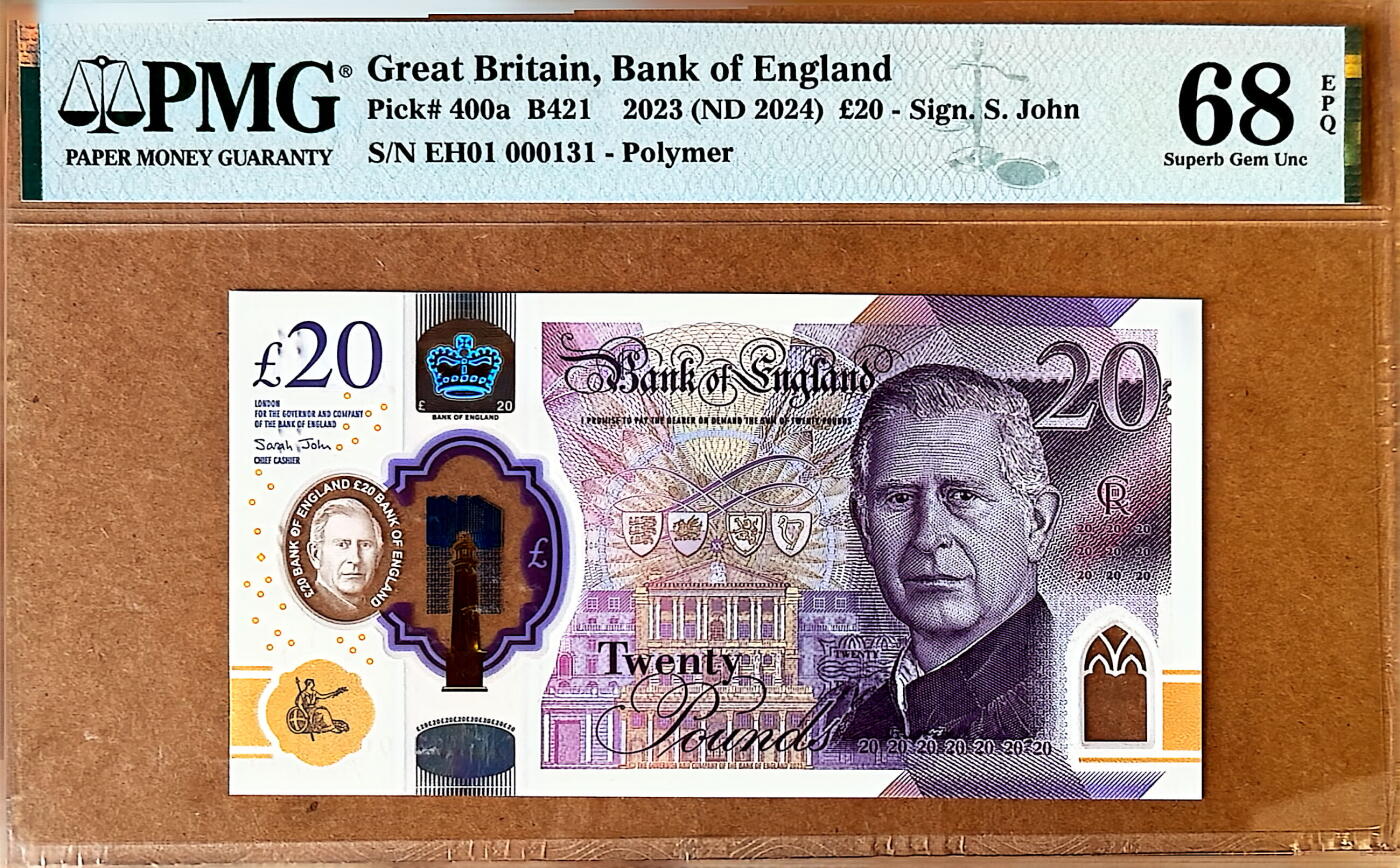 【Blue Auction】✨世界纸币精拍800期盛典——白金之夜🔥🔥🔥 G-【EH01首发冠 131百位小号】英国 2024年20镑 查尔斯三世 新版塑料钞 PMG68EPQ 高分