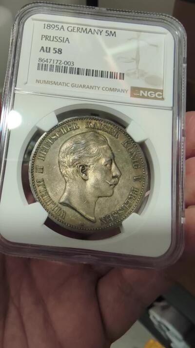 修遠堂世界钱币第107期 NGC AU58 1895年普鲁士5马克银币，少见的早期年份，有分不易