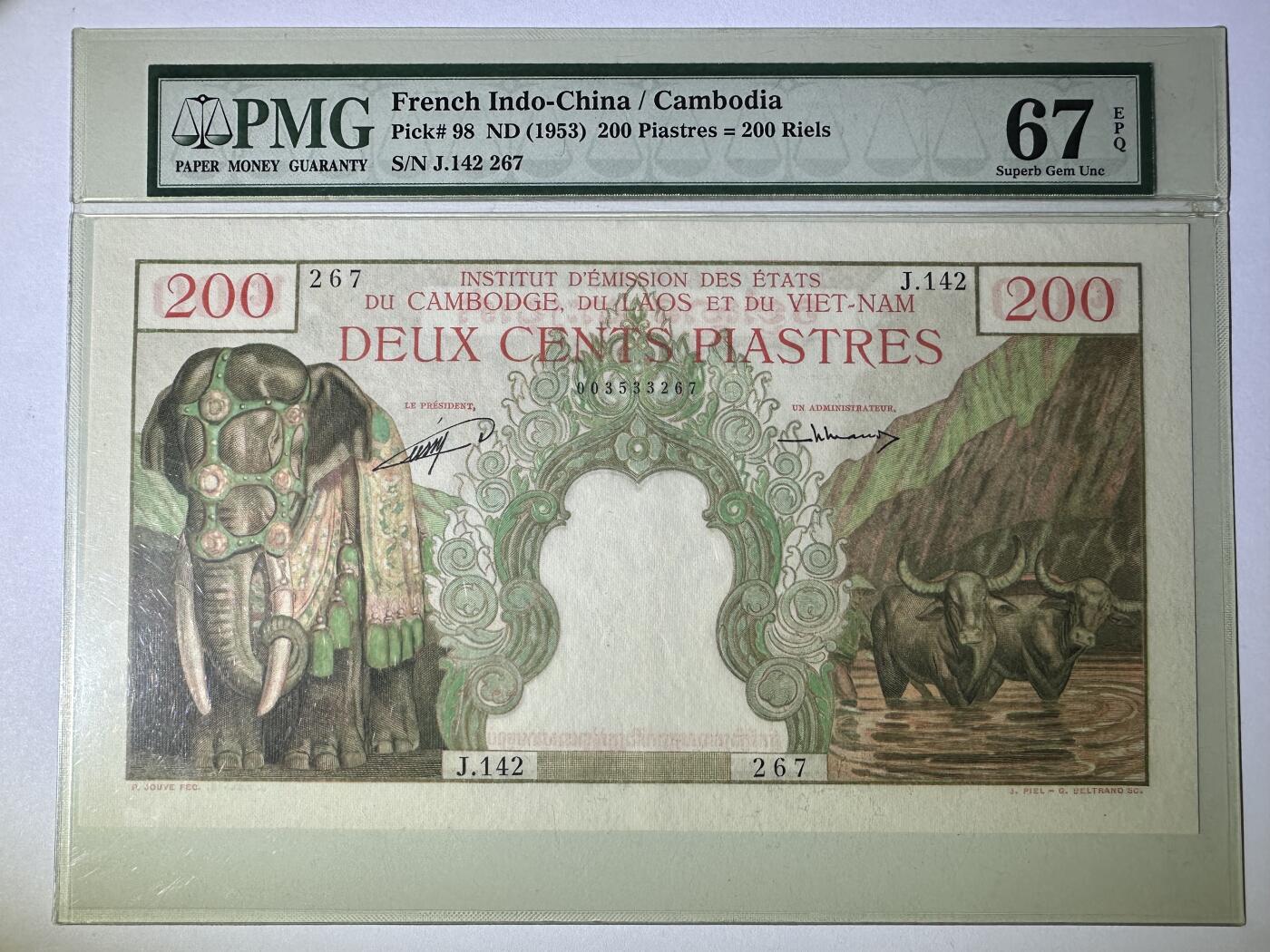 【Blue Auction】✨世界纸币精拍800期盛典——白金之夜🔥🔥🔥  F-【冠军分 仅4张】法属印支 1953年200皮阿斯特 超大票幅 PMG67EPQ 无可比拟的品相令人垂涎 票面油墨质感很好 大象 四面佛 老壳 