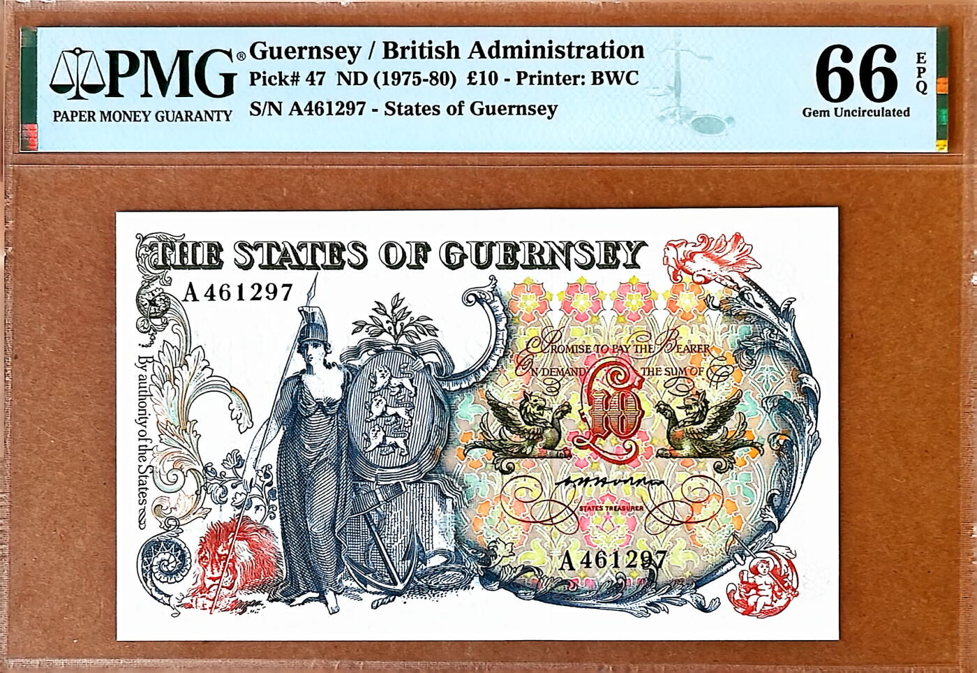 【Blue Auction】✨世界纸币精拍800期盛典——白金之夜🔥🔥🔥 G-根西 1975-80年10镑 经典花神 背面大场景 BWC出品 PMG66EPQ 备受追捧的品种