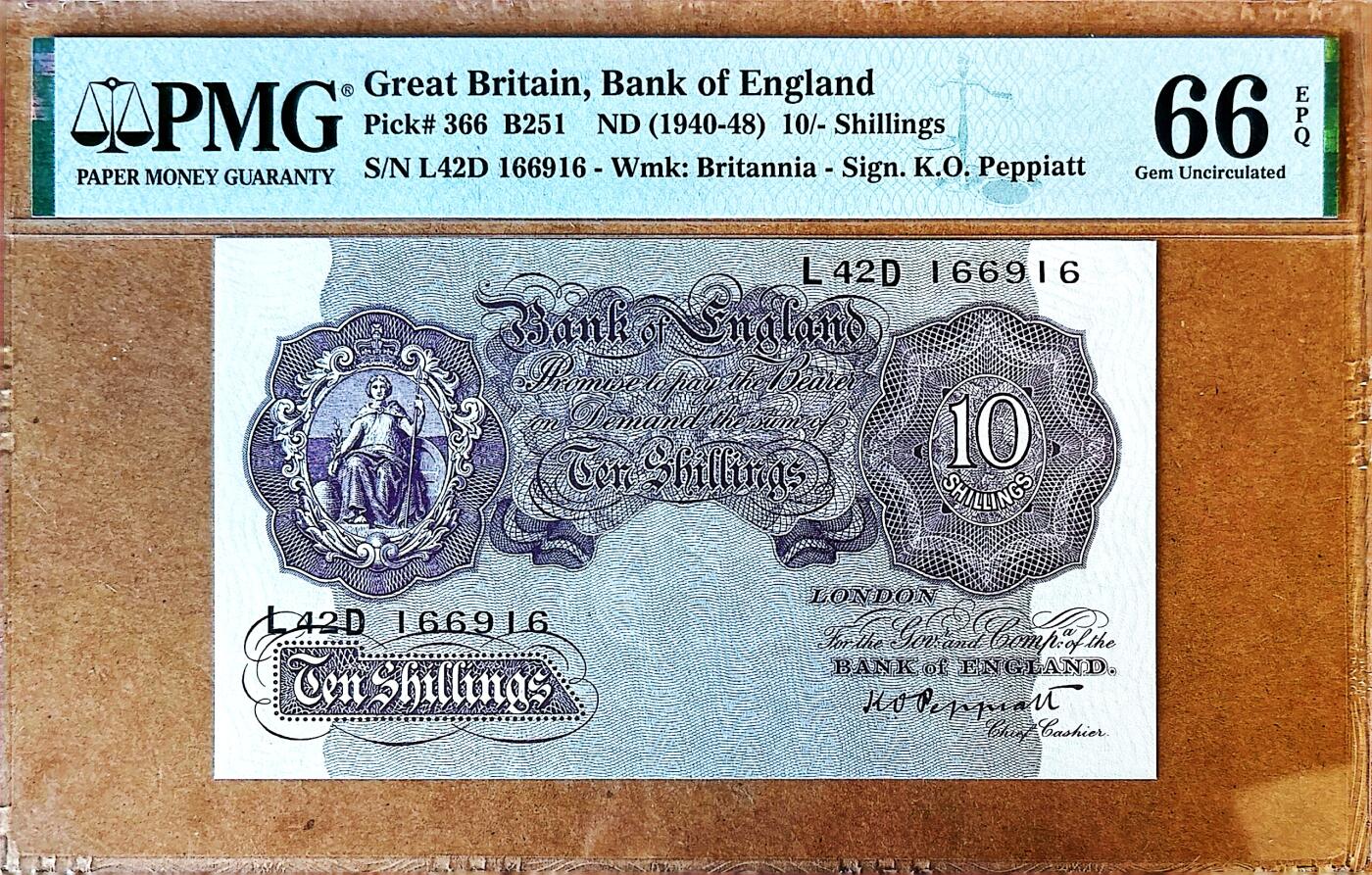 【Blue Auction】✨世界纸币精拍800期盛典——白金之夜🔥🔥🔥 G-【倒置号】英国 A序列 1940-48年10先令 紫色版 PMG66EPQ 