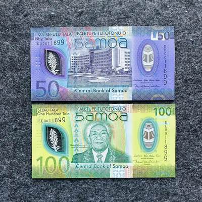 🇼🇸2607 ￥￥萨摩亚2025年50和100塔拉Polymer塑料钞 - 倒置号，DD/EE0011899