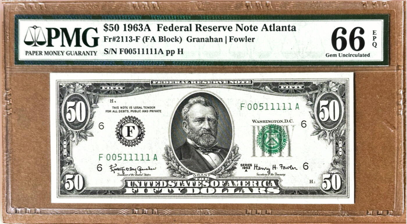 【Blue Auction】✨世界纸币精拍800期盛典——白金之夜🔥🔥🔥 U-【老虎1无47】美国 1963年50美金 PMG66EPQ 