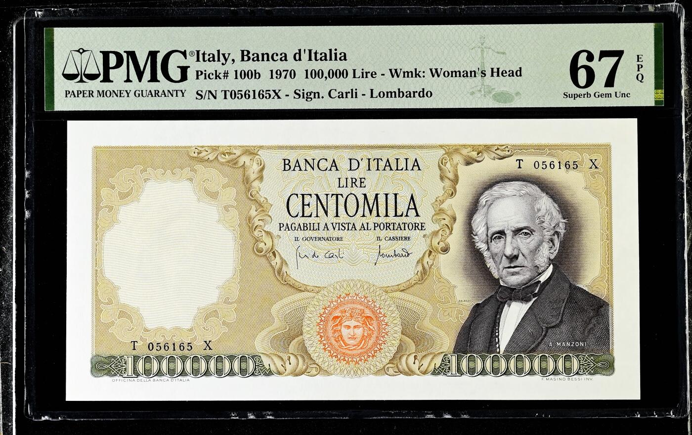 【Blue Auction】✨世界纸币精拍800期盛典——白金之夜🔥🔥🔥  I-【b版 无47 亚军分】意大利 1970年10万里拉 顶级人物雕刻曼左尼 PMG67EPQ高分 背面科莫、科莫湖和博莱托山风景唯美