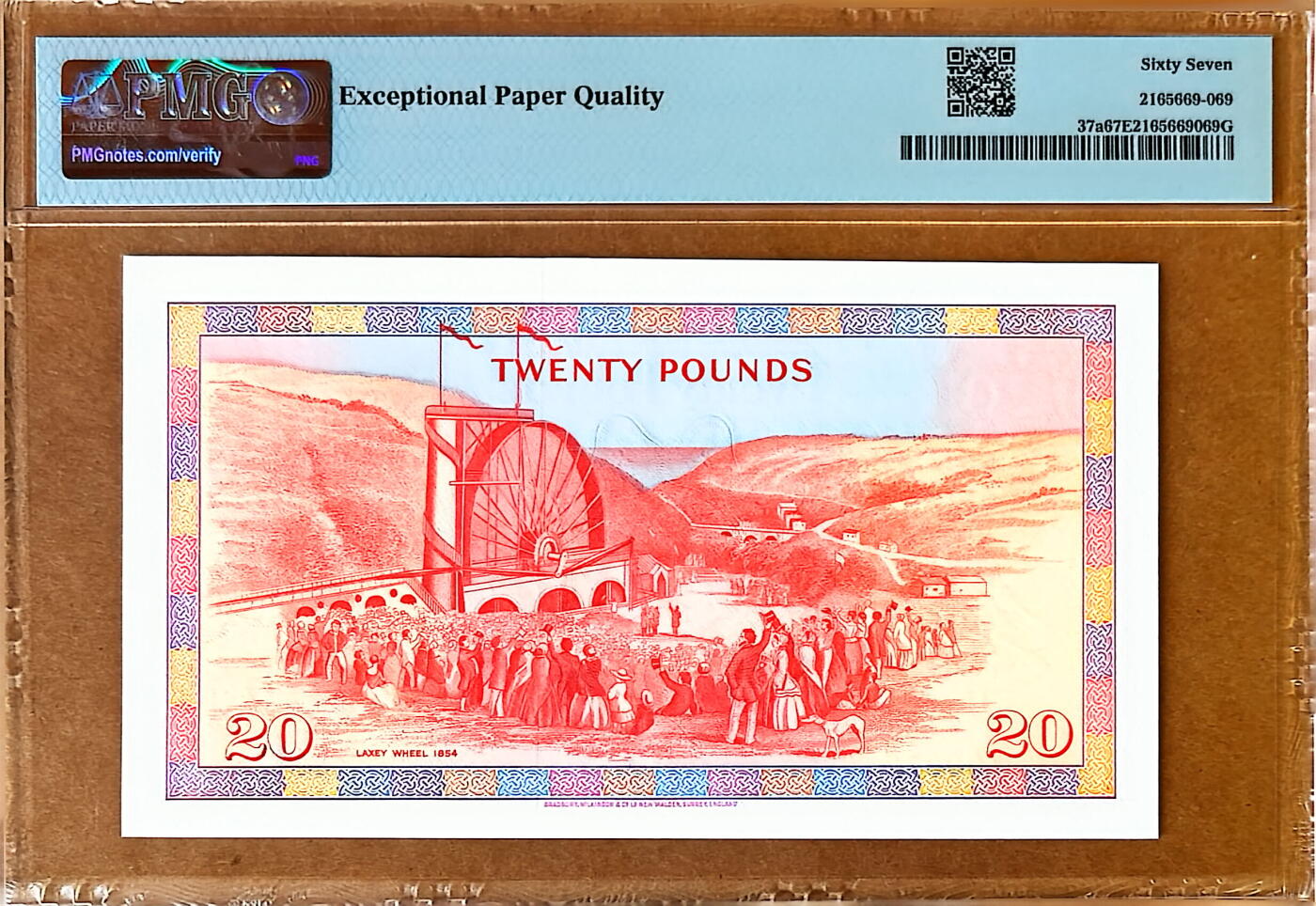 【Blue Auction】✨世界纸币精拍800期盛典——白金之夜🔥🔥🔥 I-马恩岛 1979年20镑 PMG67EPQ 高分 BWC出品 女王 （背面Laxey Wheel是位于英国马恩岛拉克西村的一座巨型水车，建于 ‌1854年‌，曾用于从拉克西矿山抽水，以支持当地采矿业。它被广泛认为是‌世界上现存最大的仍在工作的水车之一）