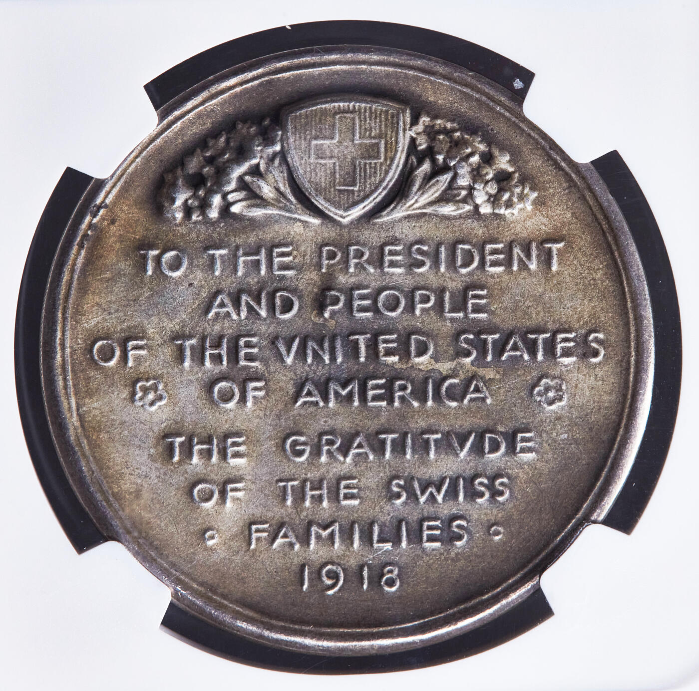 【俄甄集藏】2026年(049)03-18星期三 晚 19:30 全场包邮 瑞士1918年感谢美国参战一战协约国胜利银章，NGC MS63，保存完好，黄油彩原味老包浆，磨砂底板