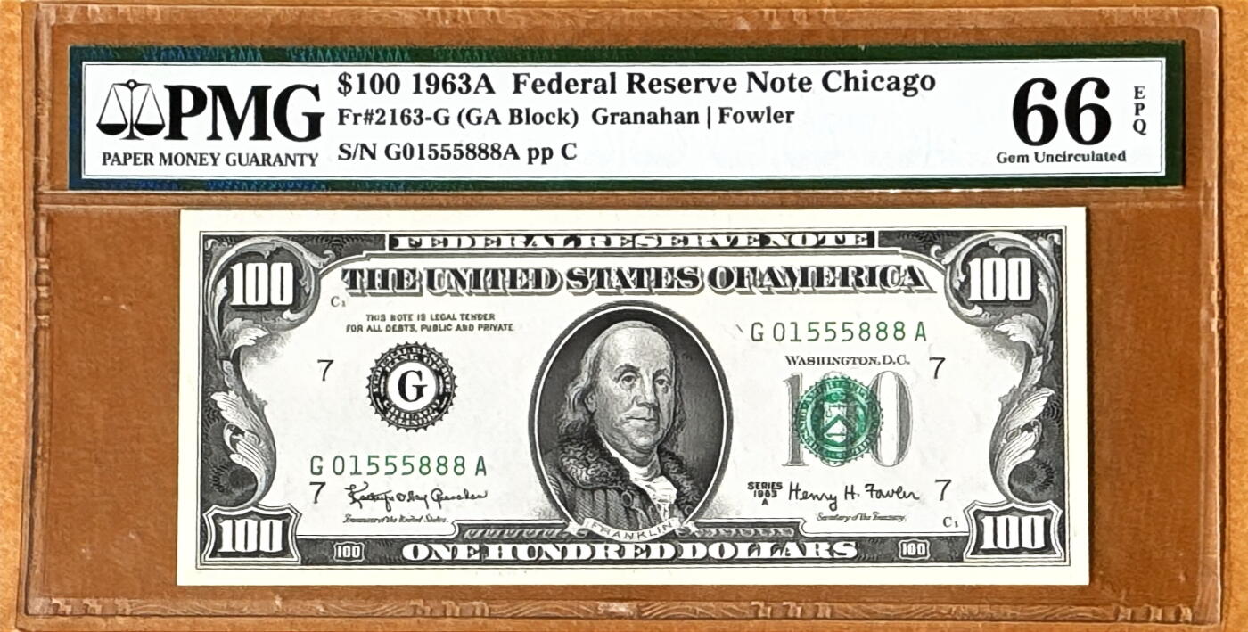 【Blue Auction】✨世界纸币精拍800期盛典——白金之夜🔥🔥🔥  U-【888豹子号无47】美国 1963年100美金 PMG66EPQ 