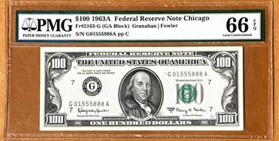 【Blue Auction】✨世界纸币精拍800期盛典——白金之夜🔥🔥🔥 -  U-【888豹子号无47】美国 1963年100美金 PMG66EPQ 