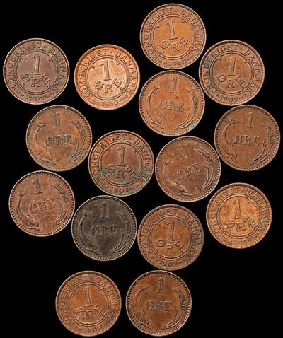 修遠堂世界钱币第107期 - 丹麦1欧尔铜币一组，巧克力色好品