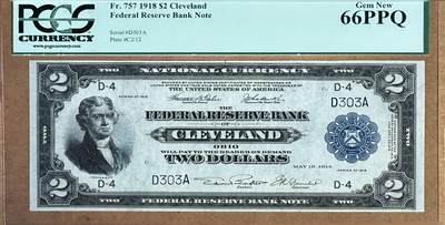 【Blue Auction】✨世界纸币精拍800期盛典——白金之夜🔥🔥🔥 -  U-【303雷达百位小号】美国 1918年2美金 FRBN联邦储备银行券 经典BattleShip 军舰雕刻精美 大票幅 杰弗逊 PCGS66EPQ 克利夫兰版