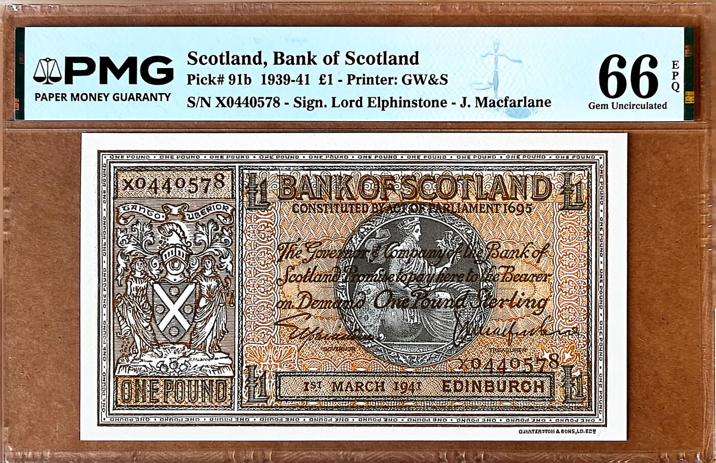 【Blue Auction】✨世界纸币精拍800期盛典——白金之夜🔥🔥🔥 S-【冠军分】苏格兰 早期 1941年1镑 非常少见的品种及品相 PMG66EPQ 