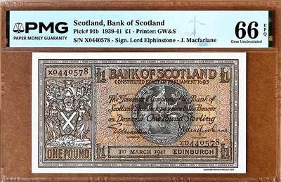 【Blue Auction】✨世界纸币精拍800期盛典——白金之夜🔥🔥🔥 - S-【冠军分】苏格兰 早期 1941年1镑 非常少见的品种及品相 PMG66EPQ 