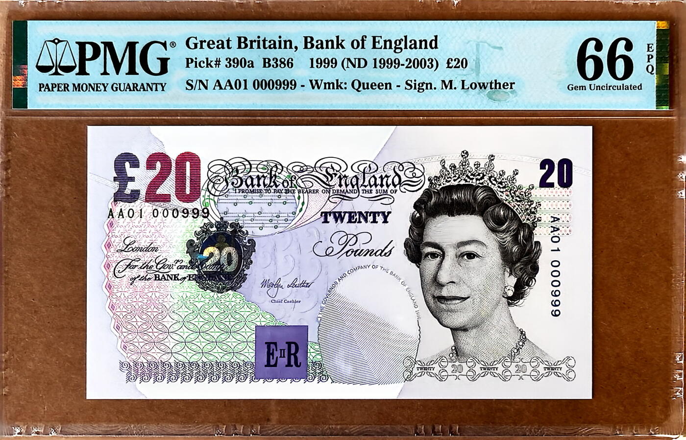 【Blue Auction】✨世界纸币精拍800期盛典——白金之夜🔥🔥🔥 G-【首发签名Lowther首发冠AA01 000999豹子号 非常难得】英国1999-2003年E序列再版20镑（背面是英国作曲家、指挥家爱德华·埃尔加，代表作有《第一交响曲》《第二交响曲》《e小调大提琴协奏曲》《Salut d'Amour》）