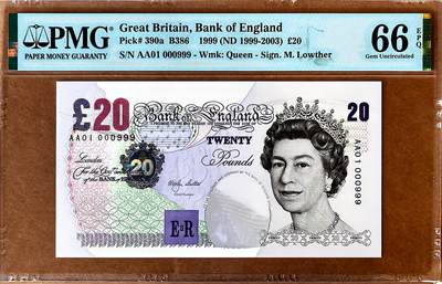 【Blue Auction】✨世界纸币精拍800期盛典——白金之夜🔥🔥🔥 - G-【首发签名Lowther首发冠AA01 000999豹子号 非常难得】英国1999-2003年E序列再版20镑（背面是英国作曲家、指挥家爱德华·埃尔加，代表作有《第一交响曲》《第二交响曲》《e小调大提琴协奏曲》《Salut d'Amour》<爱的赞礼>）
