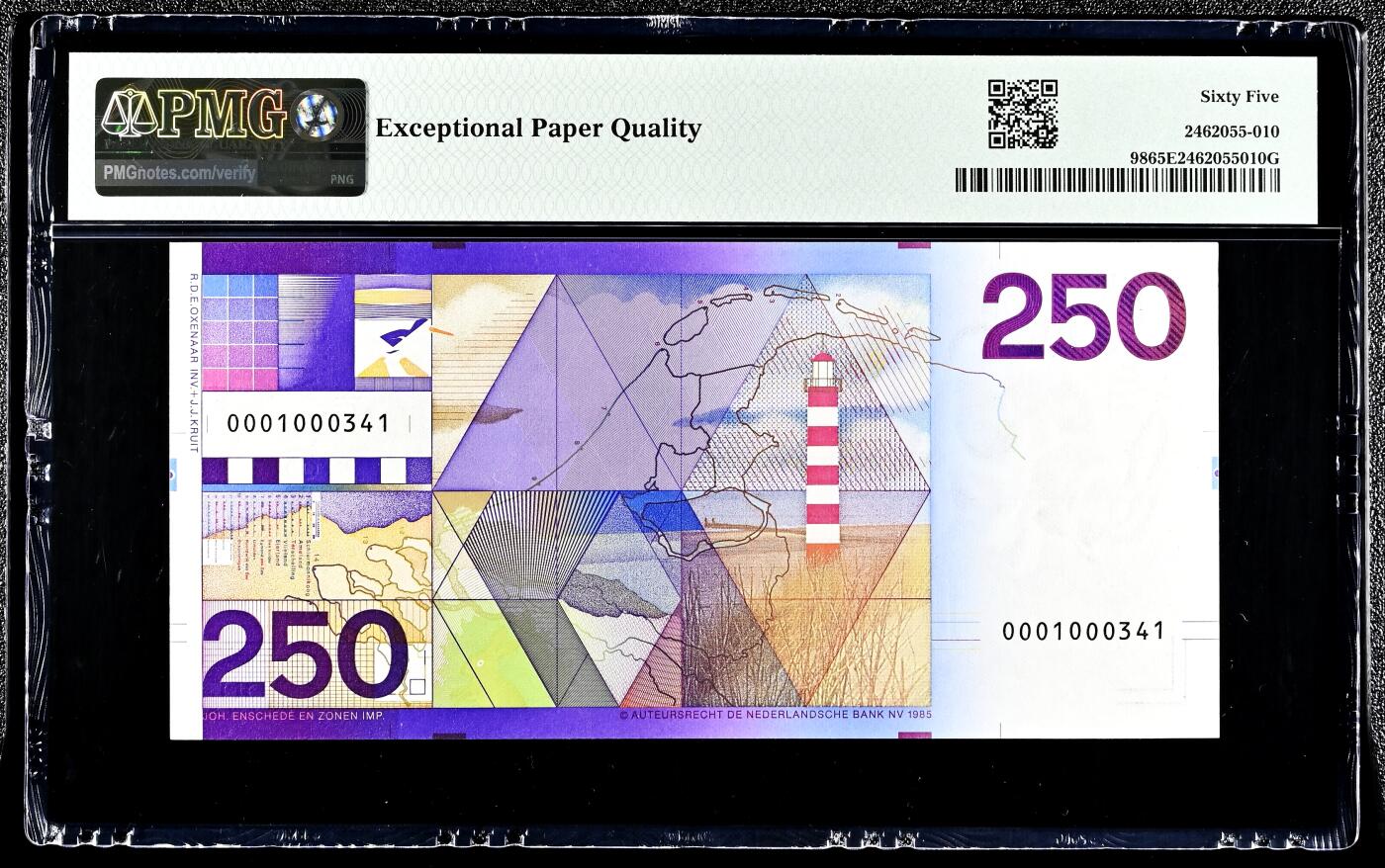 【Blue Auction】✨世界纸币精拍800期盛典——白金之夜🔥🔥🔥 N-【特殊记号方式 该张为0001首发冠37小号 市面上所见最小号码非常难得】荷兰 1985年250盾 经典灯塔 PMG65EPQ （0001000008为第1张，0001...017为第2张以此类推。此为发行的前50张非流通版纸币之一，银行严格要求不得将该纸币投入流通使用，如果当时存到银行会被电脑系统拒收，流出非常难得，经典的藏品）