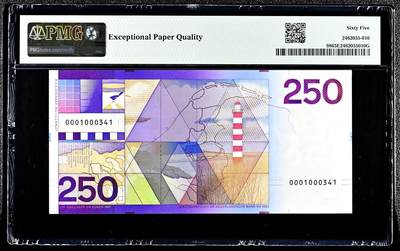【Blue Auction】✨世界纸币精拍800期盛典——白金之夜🔥🔥🔥 N-【特殊记号方式 该张为0001首发冠37小号 市面上所见最小号码非常难得】荷兰 1985年250盾 经典灯塔 PMG65EPQ （0001000008为第1张，0001...017为第2张以此类推。此为发行的前50张非流通版纸币之一，银行严格要求不得将该纸币投入流通使用，如果当时存到银行会被电脑系统拒收，流出非常难得，经典的藏品）