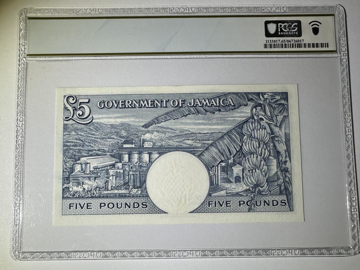 【Blue Auction】✨世界纸币精拍800期盛典——白金之夜🔥🔥🔥 J-【11A冠首发冠】牙买加 1960年5镑 PCGS65EPQ 背面大场景 清新耐看 （这是一张美丽且备受青睐的英联邦纸币，也是女王唯一使用这个肖像的纸币。8年前一张64无E的同品种纸币拍了4320美金 可见其价值）