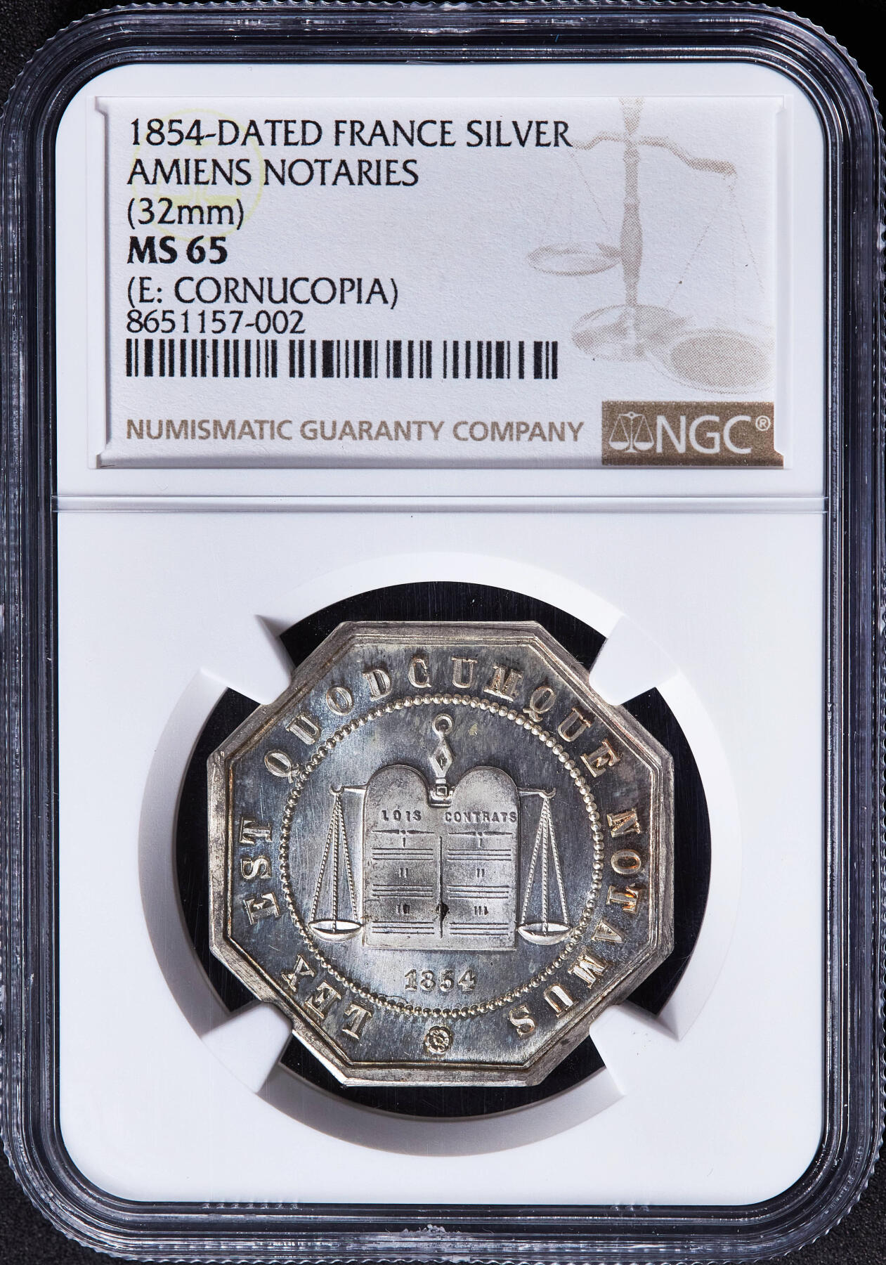 【俄甄集藏】2026年(049)03-18星期三 晚 19:30 全场包邮 法国1854年亚眠公证处银质八角代用币章，NGC MS65，凝霜感强烈，转光品相，丰饶角铭