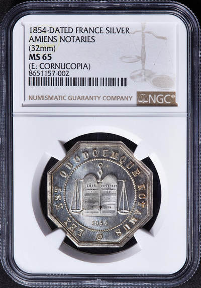 【俄甄集藏】2026年(049)03-18星期三 晚 19:30 全场包邮 - 法国1854年亚眠公证处银质八角代用币章，NGC MS65，凝霜感强烈，转光品相，丰饶角铭