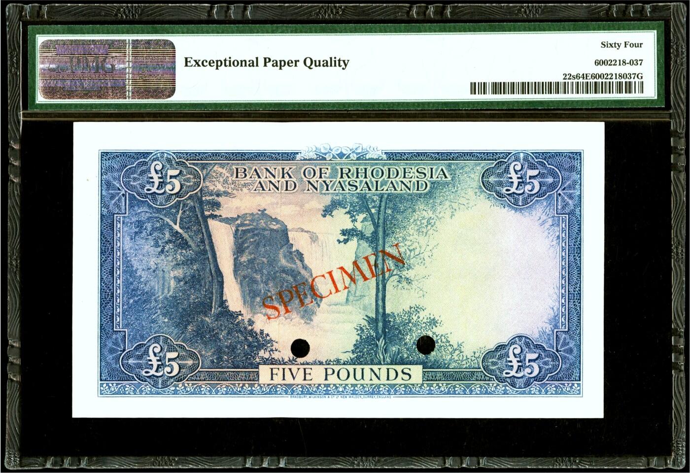 【Blue Auction】✨世界纸币精拍800期盛典——白金之夜🔥🔥🔥 R-【唯一冠军分罕见 首个日期首个冠号Y/1】罗德西亚和尼亚萨兰1956年5镑 PMG64EPQ原票 大冠女王 BWC出品雕刻精美 样钞 主图完整清新秀丽 背面非洲最大瀑布——维多利亚瀑布 老壳子 目录价2500美金