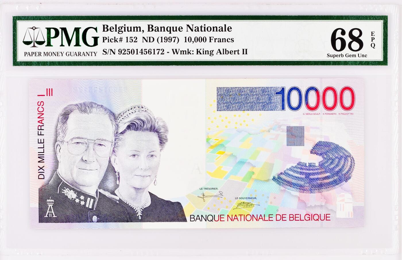 【Blue Auction】✨世界纸币精拍800期盛典——白金之夜🔥🔥🔥 B-【仅2张更高分】比利时 1997年10000法郎 最高值 PMG68EPQ 超高分 阿贝尔二世国王夫妇