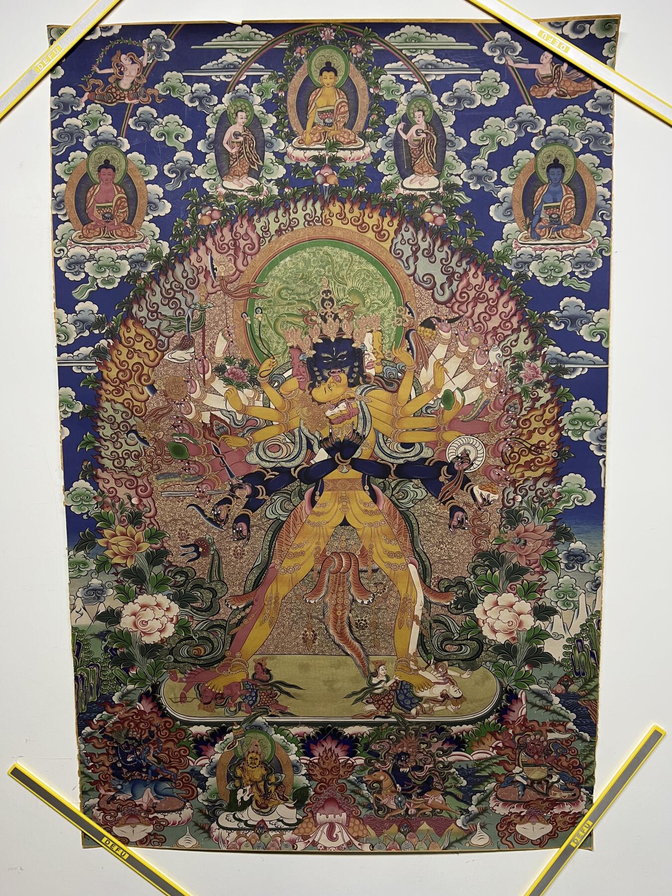 零元拍：唐卡装饰艺术复制画 （非原画）做旧工艺 名稱：石輪金剛 尺寸90✖️60