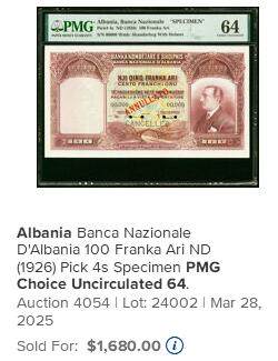 【Blue Auction】✨世界纸币精拍800期盛典——白金之夜🔥🔥🔥 A-【冠军分罕见 p4s 第一套纸币最高值】阿尔巴尼亚 早期 1926年100Franka Ari PMG66EPQ样钞 正面右侧为国王佐格一世肖像 左侧水印为阿尔巴尼亚15 世纪贵族和军事领袖斯坎德培 背面大场景风景唯美 短暂流通 很少出现 值得收藏 （1925年意大利获得阿尔巴尼亚的石油开采权后，阿尔巴尼亚发行了第一套纸币。1939年，墨索里尼入侵阿尔巴尼亚，佐格一世国王逃往英国）