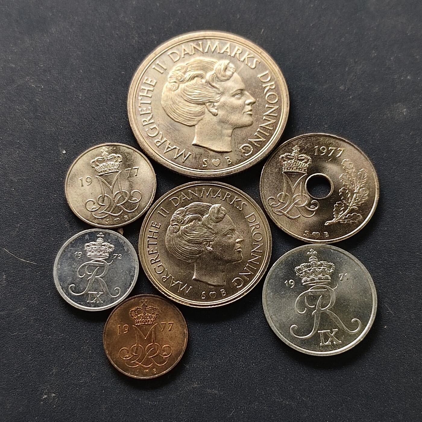 【全场包邮】纯粹捡漏拍512场 丹麦1971-1977年玛格丽特二世女王7枚套币
