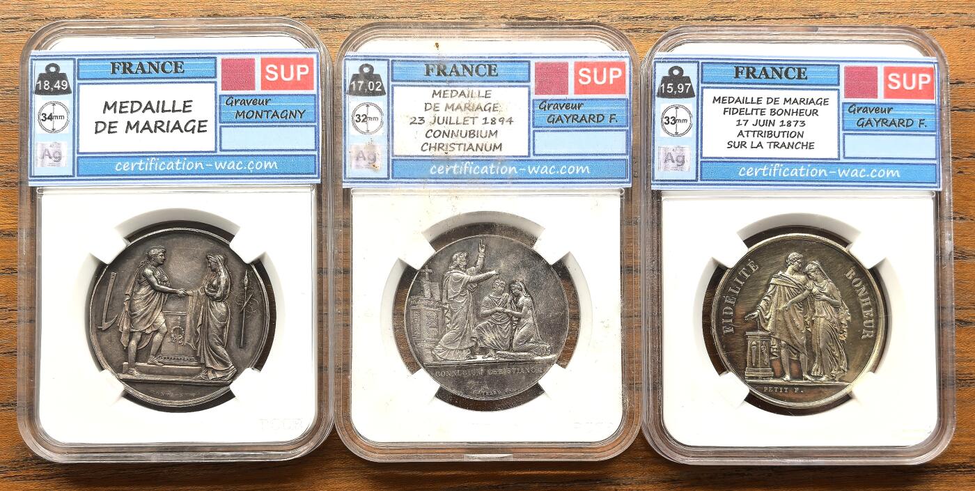凡希社世界钱币微拍第三百二十一期 十九世纪法国天主教婚姻纪念银章三枚一组好品