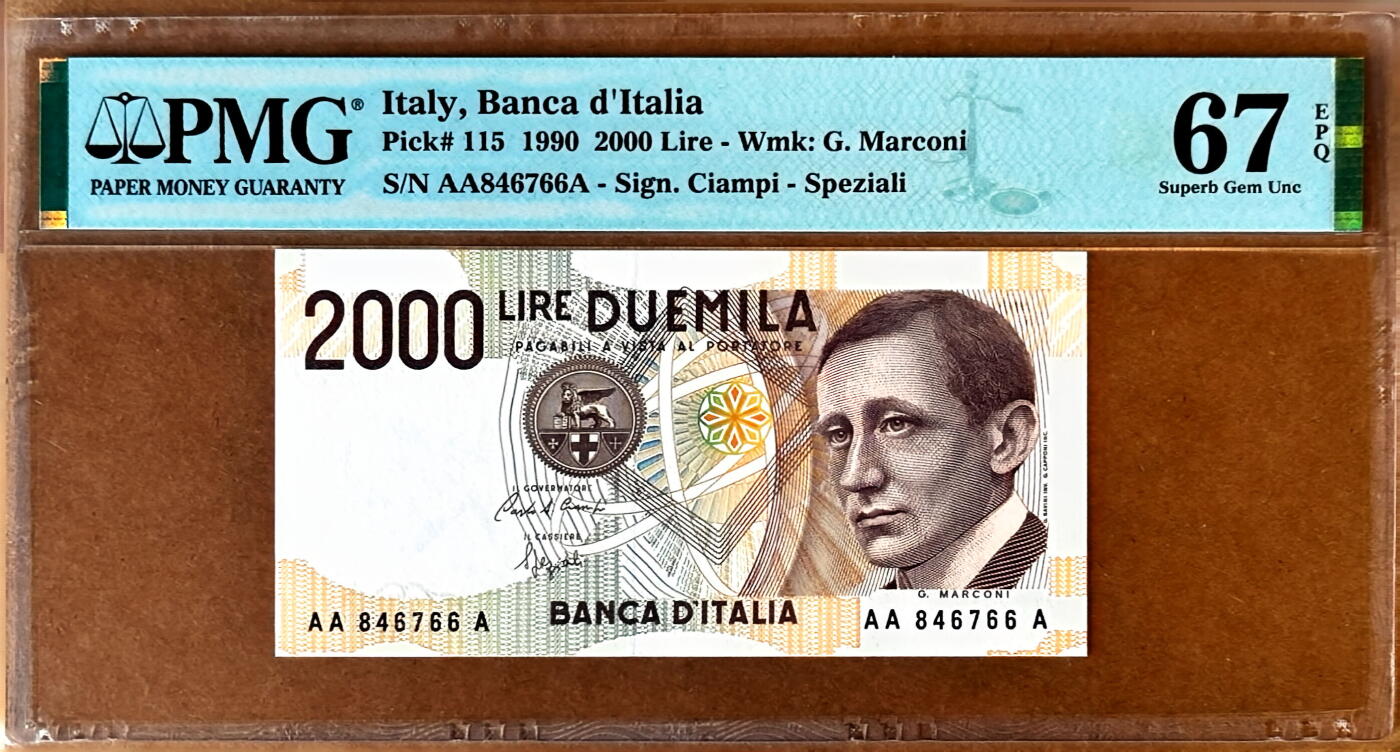 【Blue Auction】✨世界纸币精拍800期盛典——白金之夜🔥🔥🔥 I-【AAA首发冠】意大利 1990年 2000里拉 PMG67EPQ 