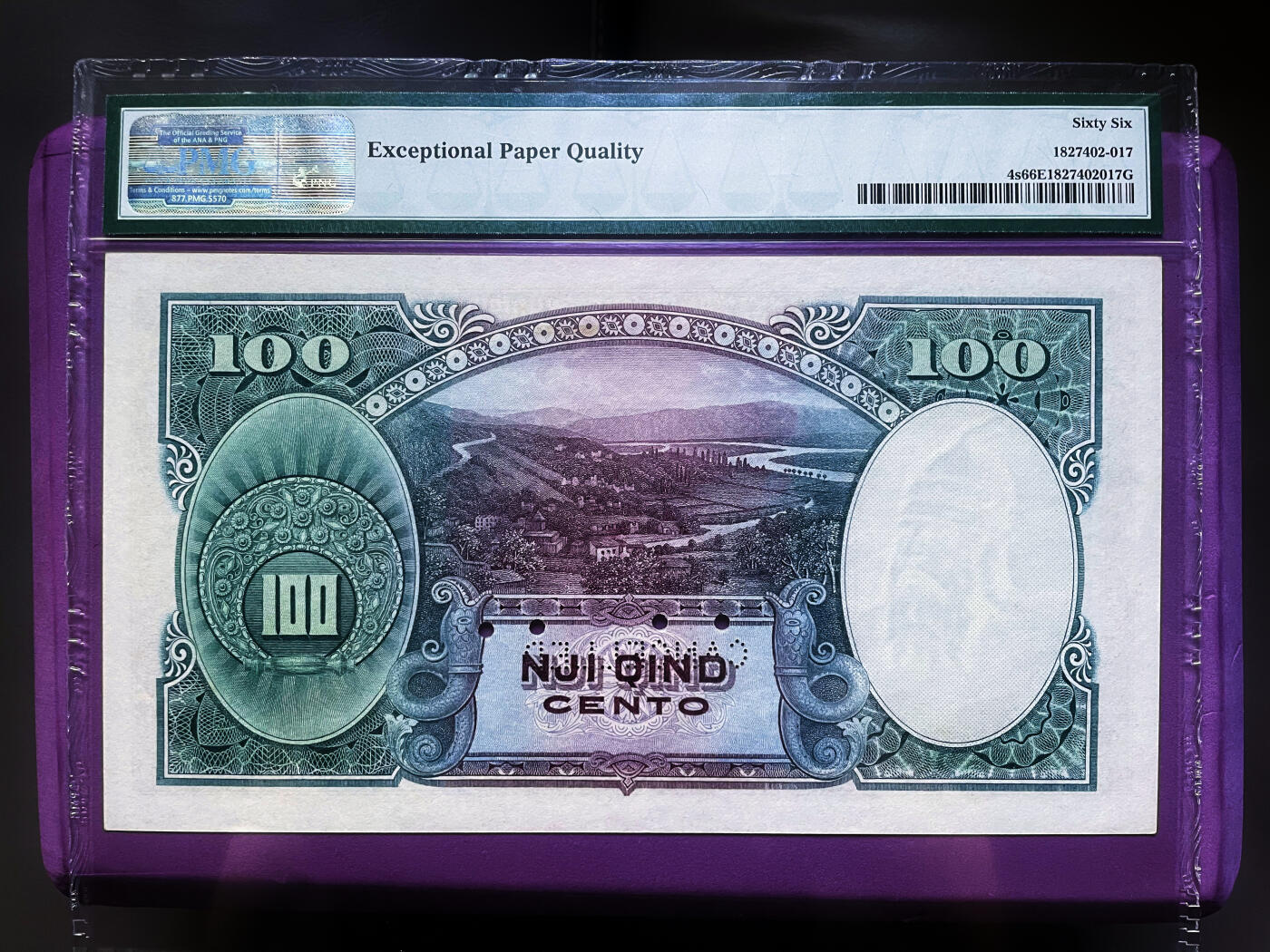 【Blue Auction】✨世界纸币精拍800期盛典——白金之夜🔥🔥🔥 A-【冠军分罕见 p4s 第一套纸币最高值】阿尔巴尼亚 早期 1926年100Franka Ari PMG66EPQ样钞 正面右侧为国王佐格一世肖像 左侧水印为阿尔巴尼亚15 世纪贵族和军事领袖斯坎德培 背面大场景风景唯美 短暂流通 很少出现 值得收藏 （1925年意大利获得阿尔巴尼亚的石油开采权后，阿尔巴尼亚发行了第一套纸币。1939年，墨索里尼入侵阿尔巴尼亚，佐格一世国王逃往英国）