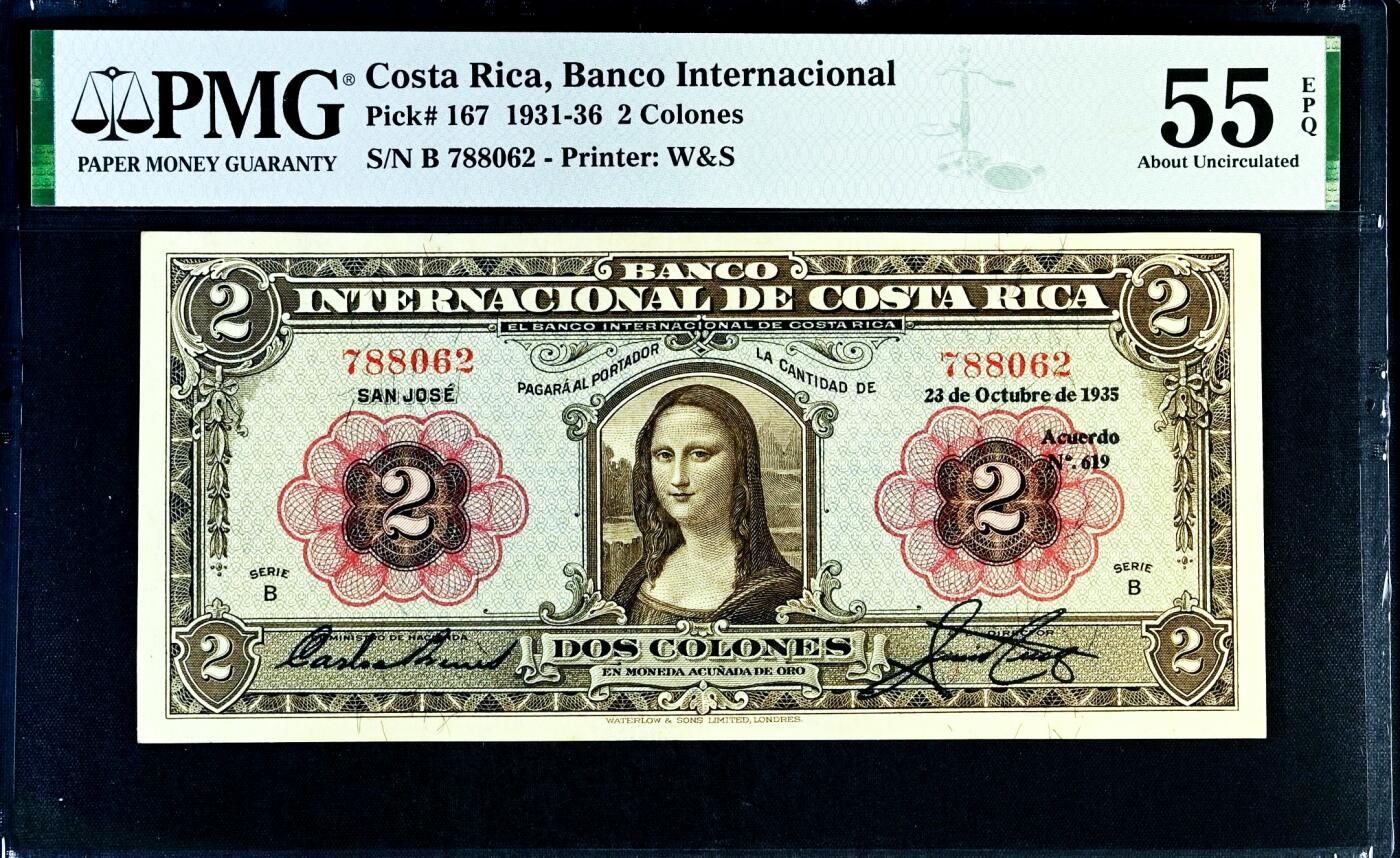 【Blue Auction】✨世界纸币精拍800期盛典——白金之夜🔥🔥🔥 C-【实钞如此高分罕见】哥斯达黎加 1931-36年2克朗 PMG55EPQ W&S出品 经典蒙娜丽莎（唯一印有该肖像的纸币） 雕刻精美 非常经典 珍藏级纸币备受热情追捧（PMG已对超过90张该实钞纸币进行了评级，其中大部分处于VF级或更低等级，近新原票可遇不可求）