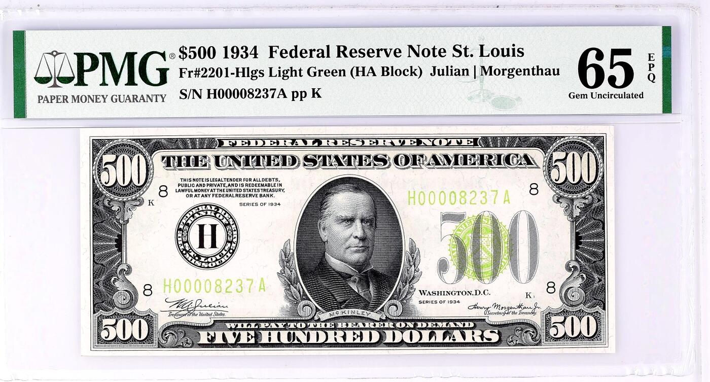 【Blue Auction】✨世界纸币精拍800期盛典——白金之夜🔥🔥🔥 U-【少见圣路易斯浅绿版 千位小号】美国 1934年500美金 人物为美国第25任总统威廉·麦金莱 曾发动美西战争 该纸币是罗斯福新政后美国开始经济复苏的产物 那时候人均年收入才428美金 购买力爆炸 PMG65EPQ 绝品 一步到位的收藏