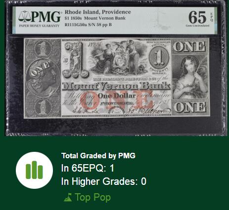 【Blue Auction】✨世界纸币精拍800期盛典——白金之夜🔥🔥🔥 U-【手签实钞58小号 唯一冠军分罕见】美国 罗德岛 1850年代1美金 执穗小女孩 设计精美 PMG65EPQ 