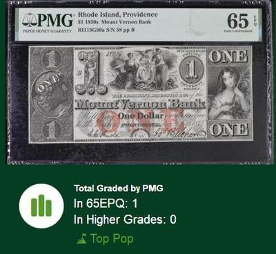 【Blue Auction】✨世界纸币精拍800期盛典——白金之夜🔥🔥🔥 U-【手签实钞58小号 唯一冠军分罕见】美国 罗德岛 1850年代1美金 执穗小女孩 设计精美 PMG65EPQ 