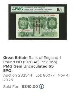 【Blue Auction】✨世界纸币精拍800期盛典——白金之夜🔥🔥🔥  G-【唯一带星可遇不可求】英国 A序列 1941年1镑PMG65EPQ星星 老壳 加盖 