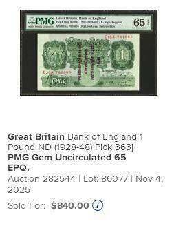 【Blue Auction】✨世界纸币精拍800期盛典——白金之夜🔥🔥🔥  G-【唯一带星可遇不可求】英国 A序列 1941年1镑PMG65EPQ星星 老壳 加盖 