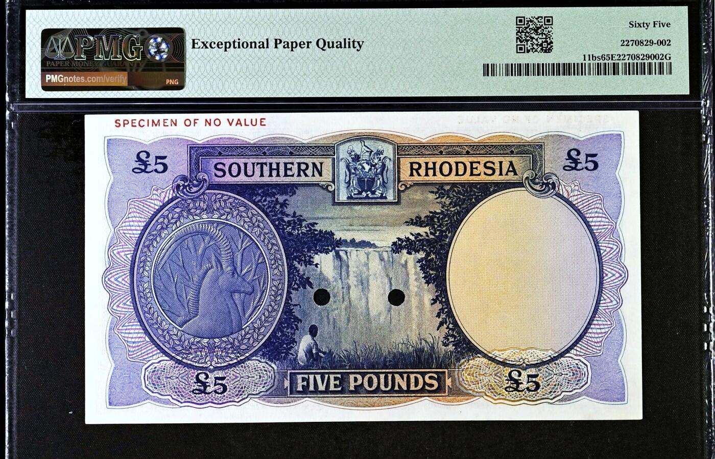 【Blue Auction】✨世界纸币精拍800期盛典——白金之夜🔥🔥🔥 S-【唯一冠军分罕见样钞】南罗德西亚 1944-45年5镑 BWC出品 雕刻精美 大瀑布 英王乔六 PMG65EPQ