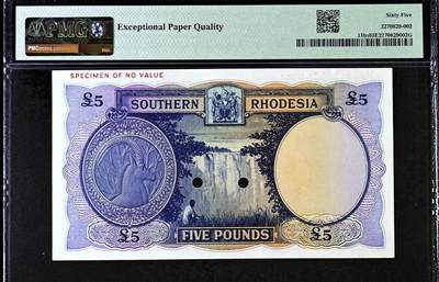 【Blue Auction】✨世界纸币精拍800期盛典——白金之夜🔥🔥🔥 S-【唯一冠军分罕见样钞】南罗德西亚 1944-45年5镑 BWC出品 雕刻精美 大瀑布 英王乔六 PMG65EPQ