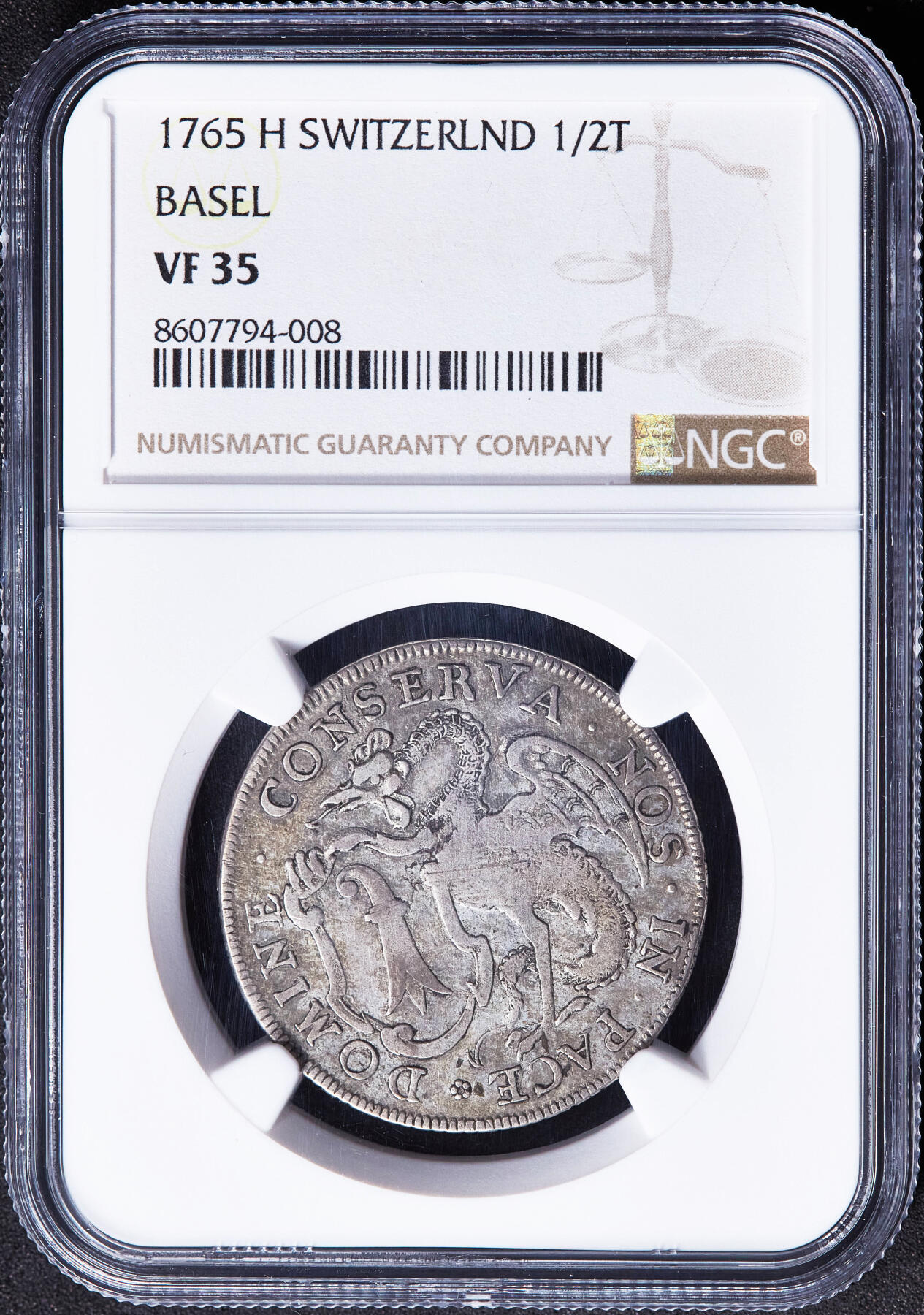 【俄甄集藏】2026年(049)03-18星期三 晚 19:30 全场包邮 瑞士巴塞尔1765年H版1/2泰勒神兽巴塞尔龙银币，NGC VF35，原味包浆，少见品种