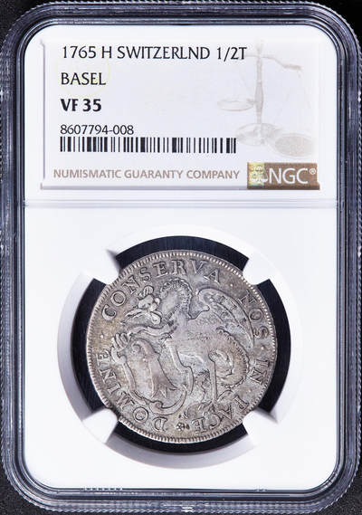 【俄甄集藏】2026年(049)03-18星期三 晚 19:30 全场包邮 - 瑞士巴塞尔1765年H版1/2泰勒神兽巴塞尔龙银币，NGC VF35，原味包浆，少见品种