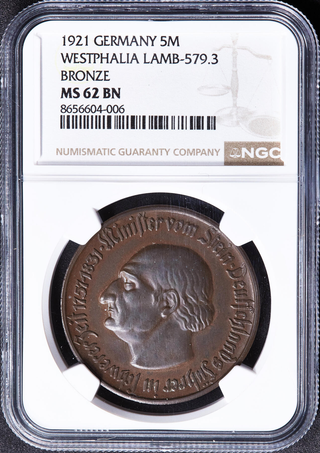 【俄甄集藏】2026年(049)03-18星期三 晚 19:30 全场包邮 德国1923年紧急时期威斯特法伦马币5马克大铜币，NGC MS62，稀少总筋品种，巧克力包浆，原光品相