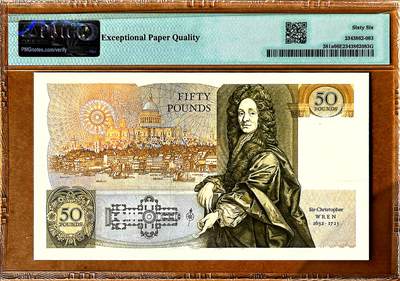 【Blue Auction】✨世界纸币精拍800期盛典——白金之夜🔥🔥🔥 G-【a版A01首发冠1288千位小号】英国 1981-88年50镑 PMG66EPQ 英国著名建筑师克里斯托弗·雷恩爵士