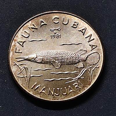 【全场包邮】纯粹捡漏拍513场 - 【少见】古巴1981年5比索动物系列雀鳝纪念银币【30毫米12克99.9%】-量5000