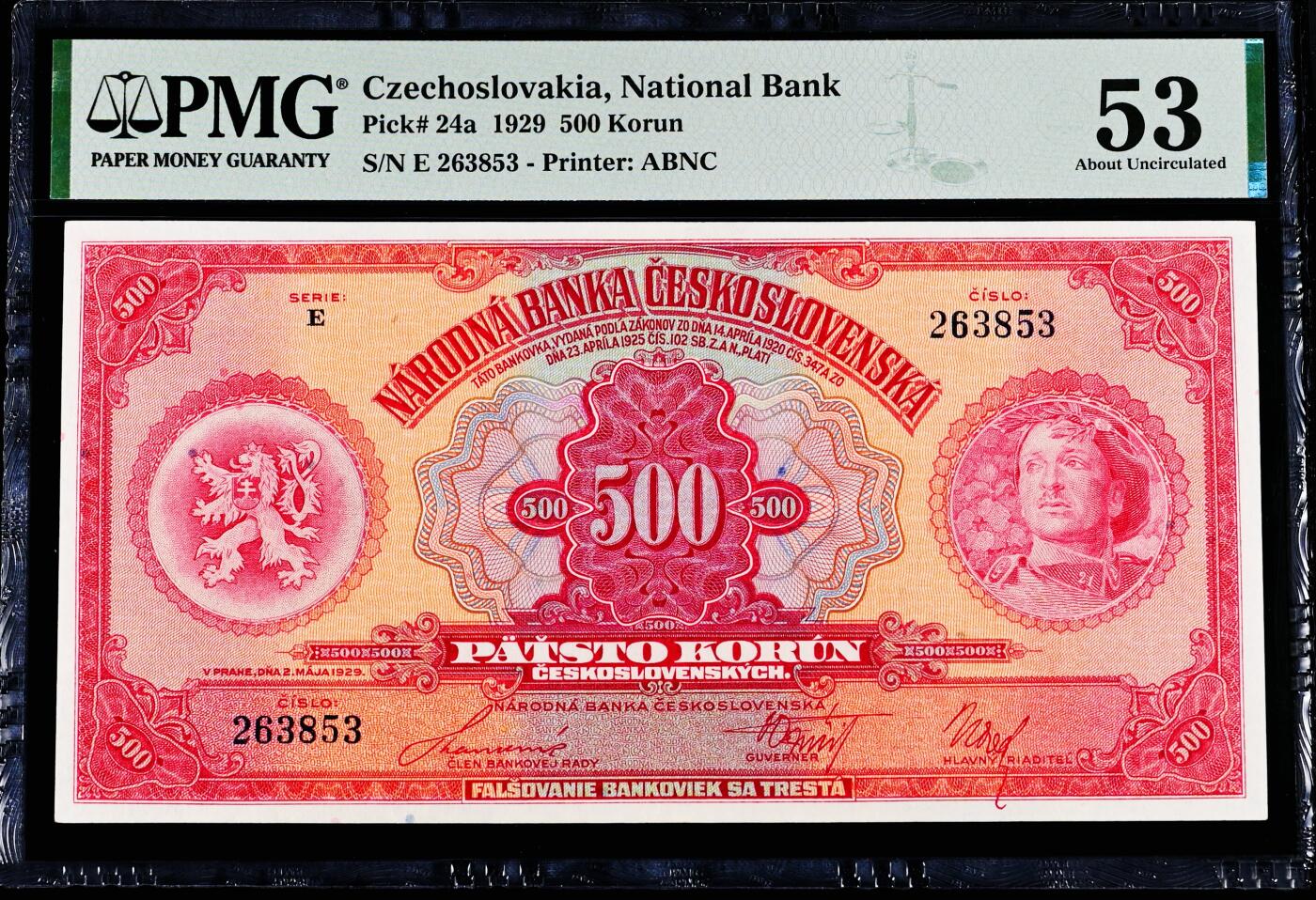 【Blue Auction】✨世界纸币精拍800期盛典——白金之夜🔥🔥🔥 C-【实钞无47】捷克斯洛伐克1929年500克朗 高值 大票幅 一战期间军人肖像 自由女神 孩童和狮子 设计非常精美 票面干净 PMG53 非常难得的品相 值得收藏 