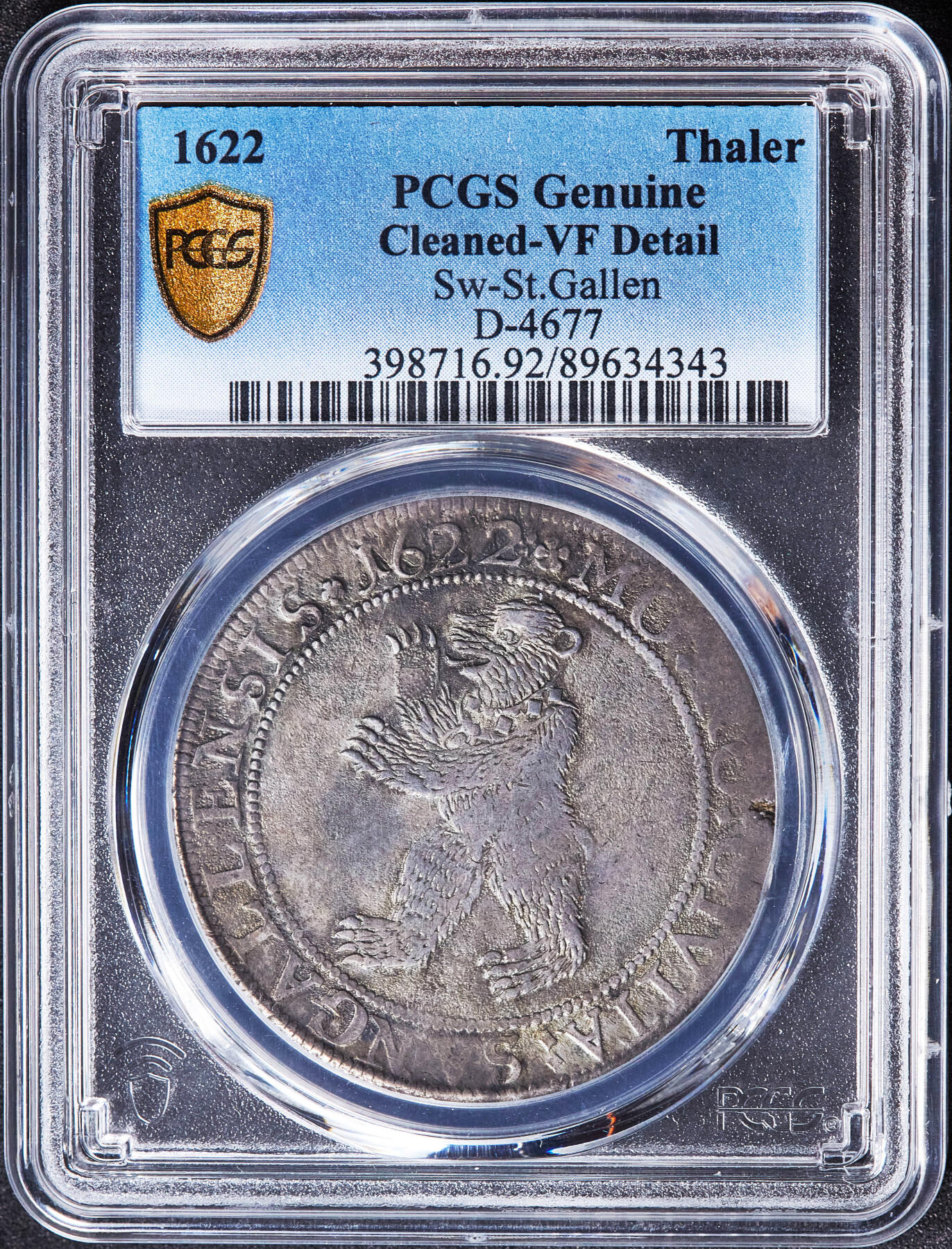 【俄甄集藏】2026年(049)03-18星期三 晚 19:30 全场包邮 瑞士圣加伦1622年1泰勒大银币，PCGS VFD，黄油酱彩老包浆，不是很常见的熊泰勒