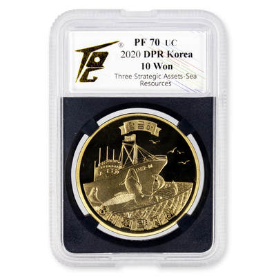 2020年朝鲜-三大战略资产（黄金田/黄金山/黄金海）3枚一套纪念铜币TQG评级70 - 2020年朝鲜-三大战略资产（黄金田/黄金山/黄金海）3枚一套纪念铜币TQG评级70